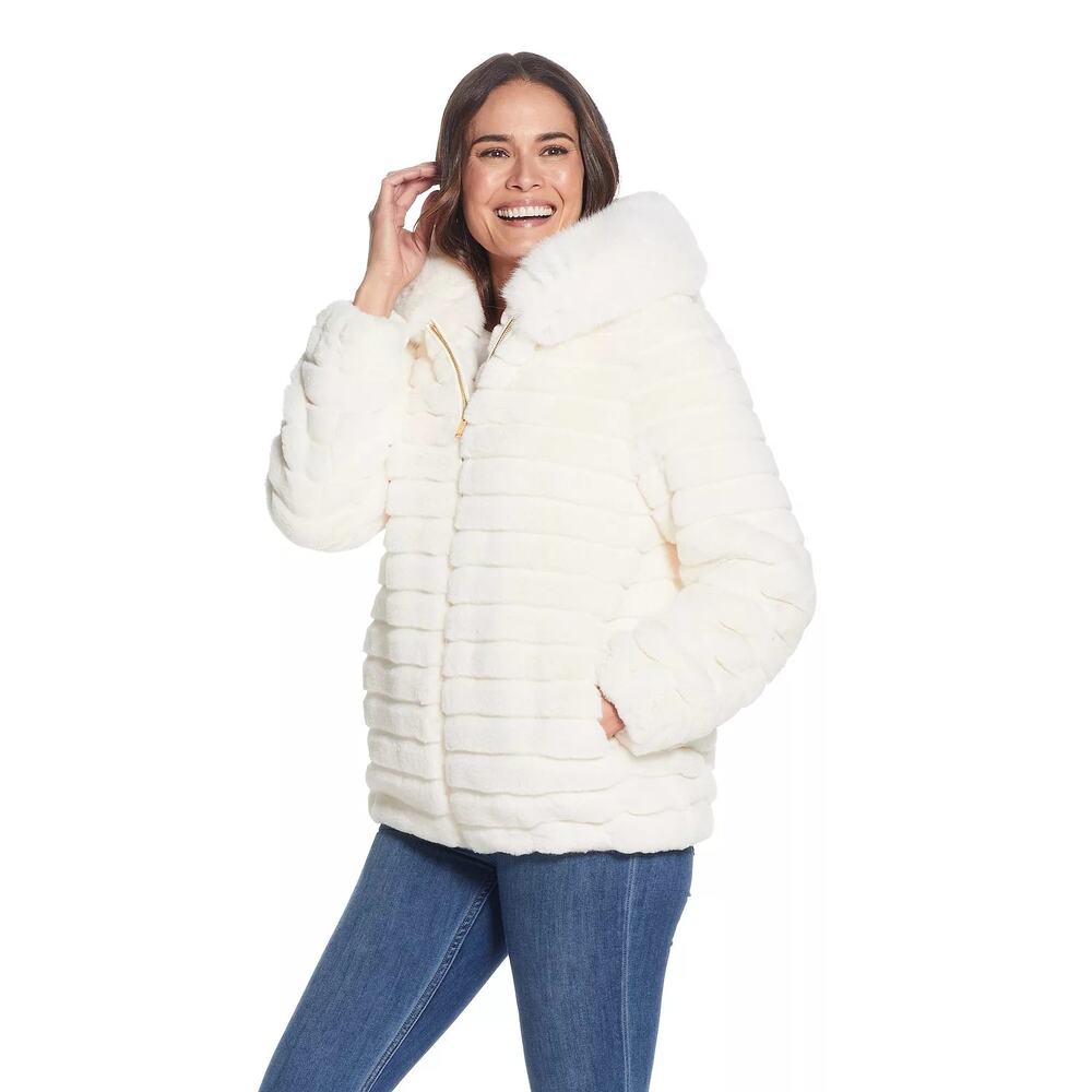 Gallery New York Hooded Grooved Faux-Fur Jacket In Cream Size Small NWT